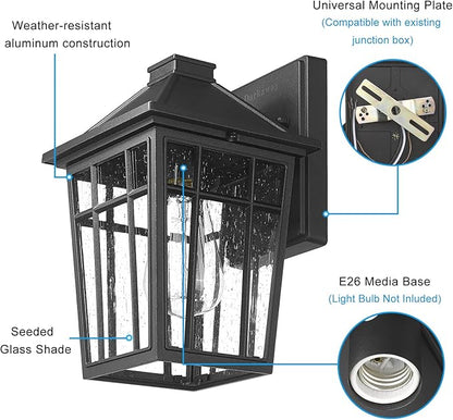 Darkaway Outdoor Sconce Lights Wall Light Fixtures, Front Porch Light Outdoor Wall Anti-Rust Waterproof Aluminum with Glass Exterior Light Fixture for Patio, Yard, Doorway, Garage(2 Pack, Black)