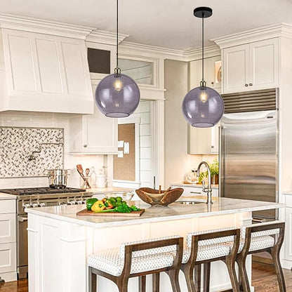 Grey Glass Pendant Lights Kitchen Island Lighting Globe Pendant Light Fixtures Modern Kitchen Island Lighting for Dining Room Bedroom -9.8inch