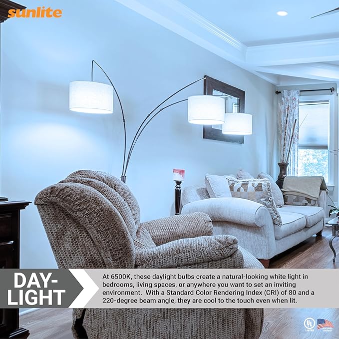 Sunlite LED A19 Light Bulb, 6 Watts (40 Watt Equivalent), 480 Lumens, 120 Volts, Dimmable, Medium E26 Base, UL Listed, RoHS, 6500K Daylight, 12 Pack