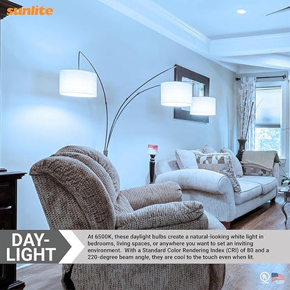 Sunlite LED A19 Light Bulb, 6 Watts (40 Watt Equivalent), 480 Lumens, 120 Volts, Dimmable, Medium E26 Base, UL Listed, RoHS, 6500K Daylight, 12 Pack
