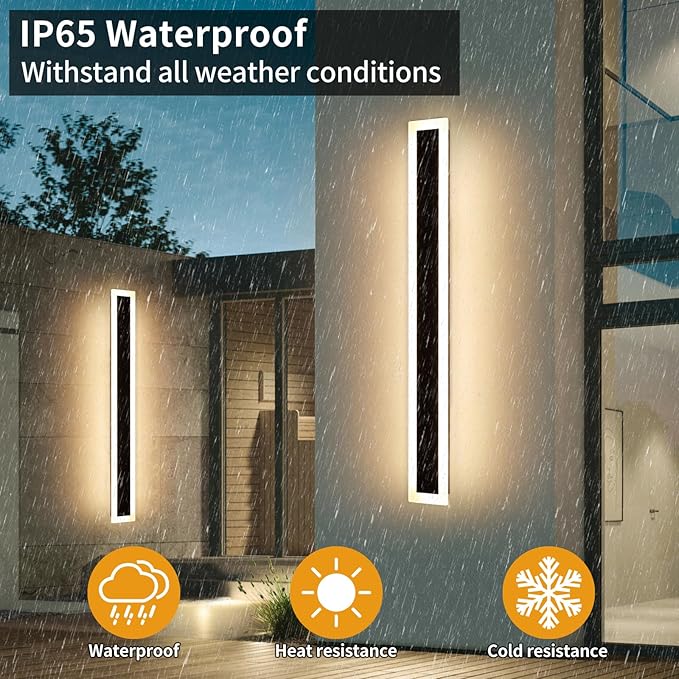 Upgrade Widened 2 Pack Modern Outdoor Wall Sconce, 47.2inch Dimmable Exterior LED Light Fixture 3000K-6000K, IP65 Waterproof, Black Wall Mounted Lamp for Balcony, Garden, Shop with Remote Control