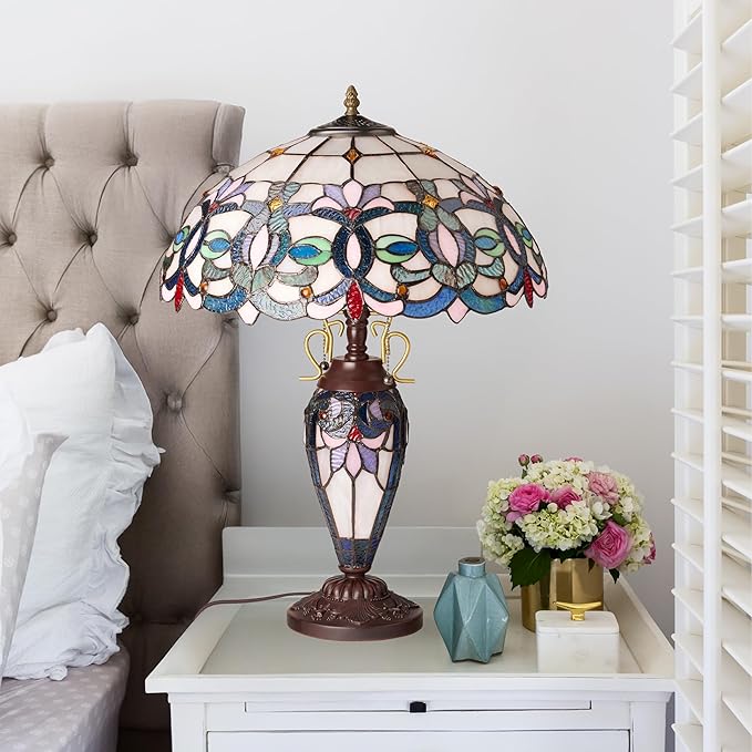 RIVER OF GOODS 24.5" H Victorian Ivory Dome Shade Double Lit Tiffany-Style Stained Glass Table Lamp