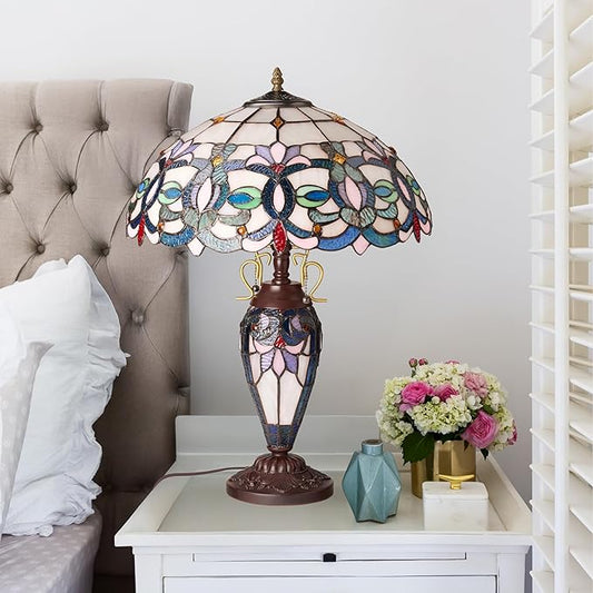 RIVER OF GOODS 24.5" H Victorian Ivory Dome Shade Double Lit Tiffany-Style Stained Glass Table Lamp