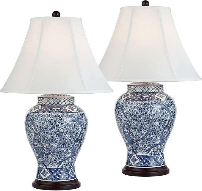 Barnes and Ivy Shonna Garden Bird 27" Tall Jar Traditional Table Lamps Set of 2 Blue Porcelain White Shade Living Room Bedroom Bedside Nightstand House Office Home Kitchen Entryway Console