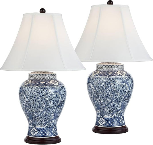 Barnes and Ivy Shonna Garden Bird 27" Tall Jar Traditional Table Lamps Set of 2 Blue Porcelain White Shade Living Room Bedroom Bedside Nightstand House Office Home Kitchen Entryway Console