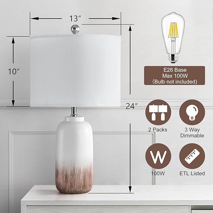 24" Ceramic Table Lamps Set of 2 for Living Room, Modern Brown Bedside Lamps for Night Stands, 3 Way Dimmable Farmhouse End Table Lamp with White Shade for Bedroom