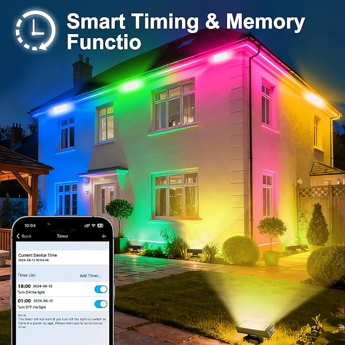 Smart RGBCW Outdoor LED Flood Light 180W –Color Changing Wall Washer, 2700K–6500K Tunable White Dimmable, RGB Stage Light, Music Sync Spotlight for Yard, Garden, Holiday Party
