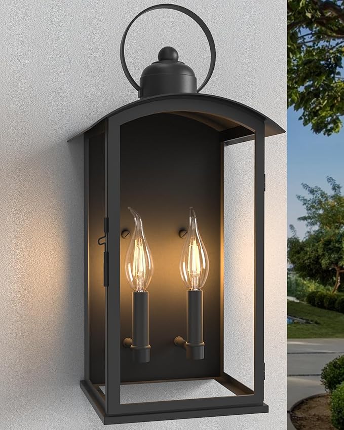 𝟏𝟗.𝟕-𝐈𝐍𝐂𝐇 Outdoor Wall Light Fixtures, Dusk to Dawn Exterior Lanterns Waterproof, Large Porch Sconces Wall Mounted Lighting, Modern Matte Black Front Open Window Wall Lamps for Patio