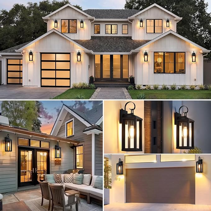 Dusk to Dawn Large Exterior Wall Lights 2-Pack, 17" Waterproof Outdoor Wall Porch Lights Sconces with Tempered Glass, Black Exterior Lighting Fixtures for Garage House, Bulb Not Included