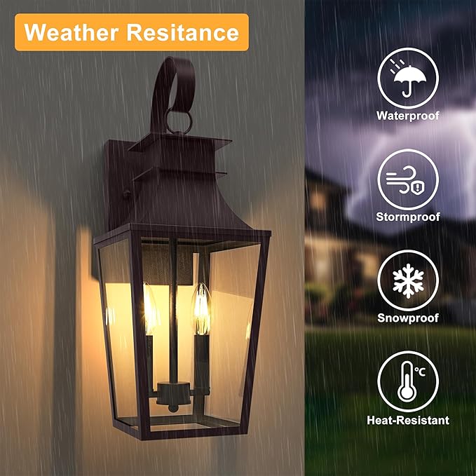 Outdoor Wall Sconces 2-Light, 20.98" Waterproof Wall Lantern Exterior Wall Mount with Tempered Glass, Oil Rubbed Bronze Dusk to Dawn Outdoor Lighting for Patio, Front Door, Garage