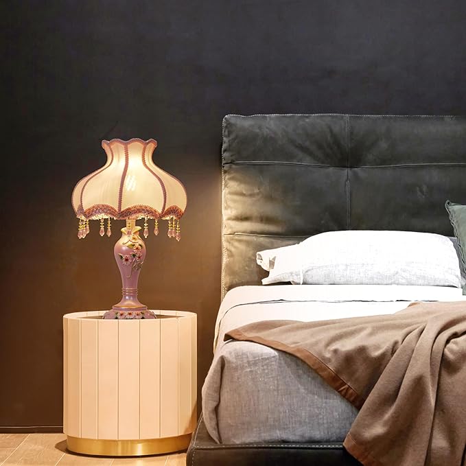 Cute Table Lamp with Fabric Lampshade, Antique Flower Decorative Bedside Desk Nightstand Lamp, Handmade Night Light for Bedroom Living Room (Pink)