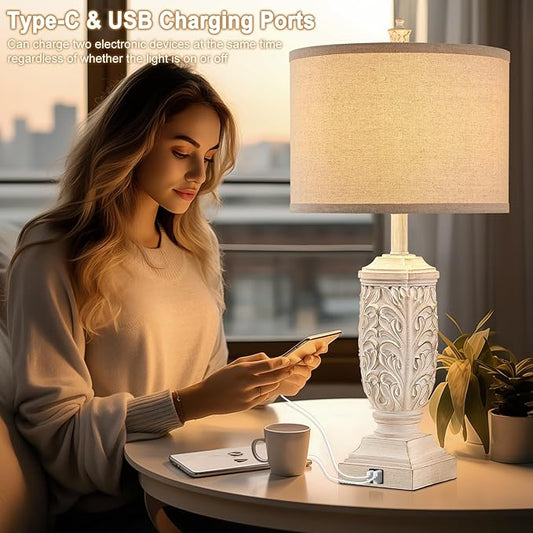 Table Lamps Set of 2 for Living Room, Farmhouse Bedside Lamp with USB C+A for Bedroom, 28.5" Tall Rustic Nightstand Lamps with Linen Fabric Shade,White Elegante Lamps for Hotel Office Decor
