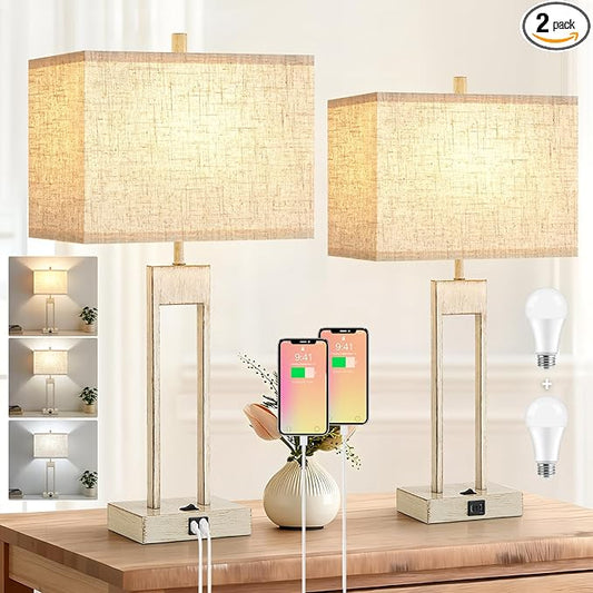 GyroVu 25.5" Nightstand Table Lamps for Bedrooms Set of 2, Bedside Lamp with USB C+A, Colors Changeable Living Room Lamp, Modern Night Stand Lamps for Bed Side Guest Room Reading, Antique White