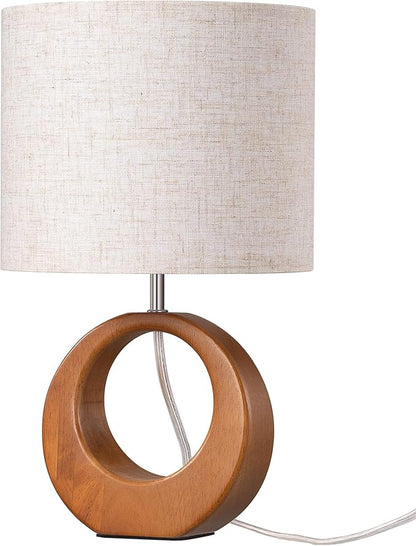 EDISHINE 13.4" Small Table Lamp, Wood Nightstand Lamp with Beige Linen Lampshade & ON-Off Switch, E26 Base, Boho Bedside Lamp for Living Room, Bedroom, Dark Pearwood