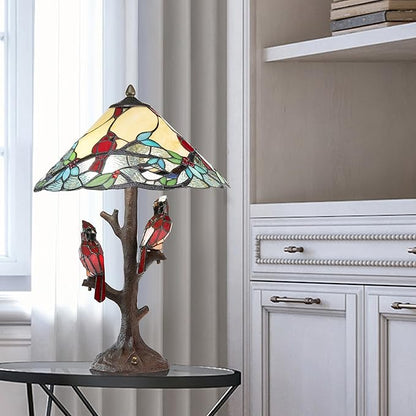 RIVER OF GOODS - Stained Glass Triple Lit Cardinals on Tree Table Lamp - 23.75" in - Table Lamp for Bedroom - Bedside Lamp - Desk Lamps for Home Office - Tiffany Style - Multi Color