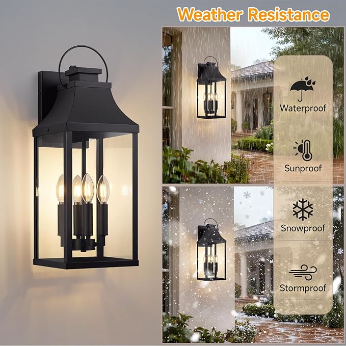 tewei Dusk to Dawn Outdoor Wall Lantern, 22'' Large Porch Lights Outdoor Sconce Lights, 4-Light Modern Exterior Lighting Fixtures Waterproof Outside Patio Lanterns for House Garage, 1-Pack