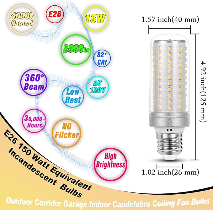1.57 x 4.92 inch Big E26 15W LED Corn Bulbs 2000 Lumen 150 Watt Equivalent Incandescent Bulbs 4000K Natural White Candelabra Ceiling Fan LED Bulbs for Indoor Outdoor Home Garage Warehouse, 2 Pack