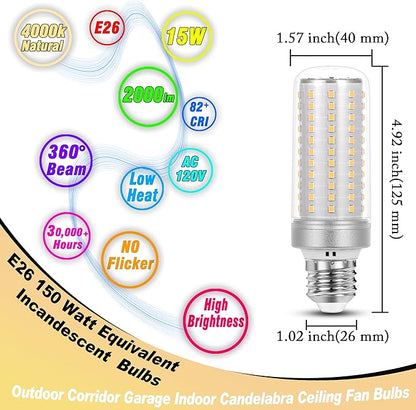1.57 x 4.92 inch Big E26 15W LED Corn Bulbs 2000 Lumen 150 Watt Equivalent Incandescent Bulbs 4000K Natural White Candelabra Ceiling Fan LED Bulbs for Indoor Outdoor Home Garage Warehouse, 2 Pack