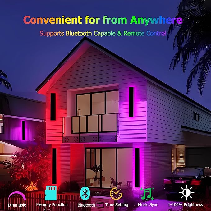 RGB Outdoor Wall Lights Exterior,47in 2PC Modern Outside Linear Wall Sconce,IP65 Waterproof Contemporary Proch Light with Remote and APP Control,Timer Schedule,for Garage and Entrance