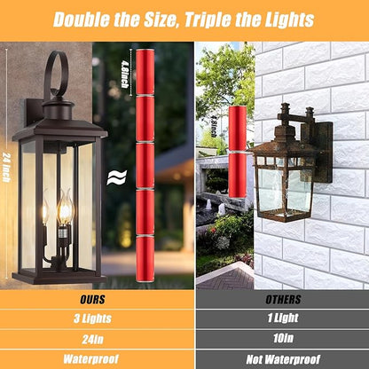 24" Outdoor Lighting Fixture- Bronze 3-Light Exterior Lighting Fixture Waterproof Modern Porch Sconce, Outside Lantern for House Garage Patio E12 Base