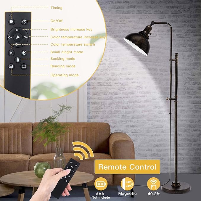 PARTPHONER Industrial Floor Lamp Adjustable, Rustic Farmhouse Reading Lamp in Aged Black Finish, Modern Standing Lamp with Remote Control Metal Shade for Living Room Bedroom Study Room Office Hotel
