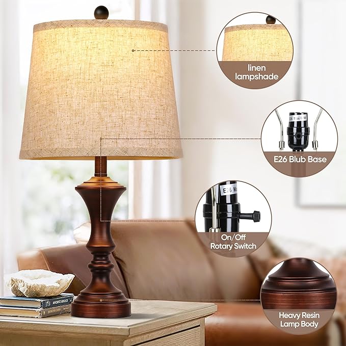 ROTTOGOON Retro Table Lamps Set of 2 Nightstand Lamp for Bedroom Vintage Rustic Table Lamps for Living Room Traditional Nightstand Bedside Lamps Bulb NOT Included