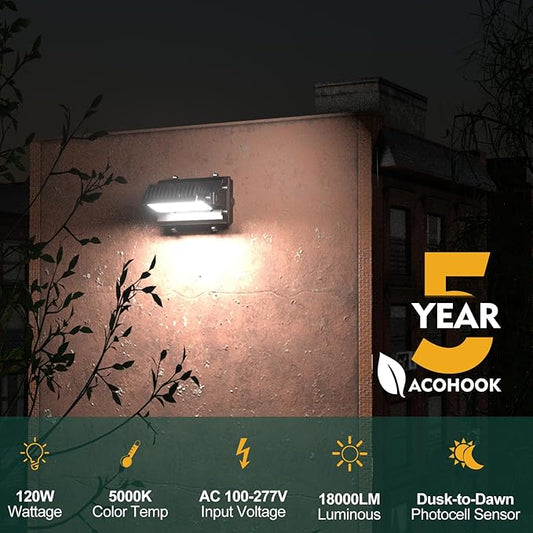 2Pack 120W LED Wall Pack Lights, 360° Adjustable Panel with Dusk to Dawn Photocell, 18000Lm 5000K Daylight, IP65 Waterproof & Advanced Heat Dissipation Outdoor Security Lighting