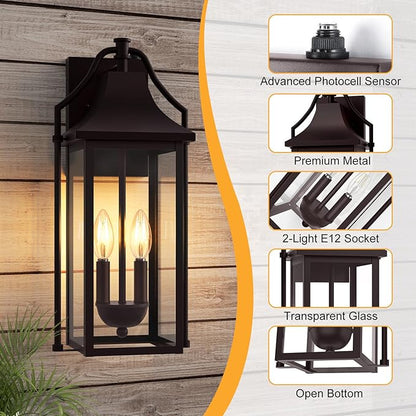 𝟏𝟖𝑰𝑵 Outdoor Wall Sconce Fixtures, Dusk to Dawn Patio Lights Waterproof Exterior Lanterns, 2-Light Modern Wall Light Mounted with Glass, Oil Rubbed Bronze Outside Lights for House Front Door Decor