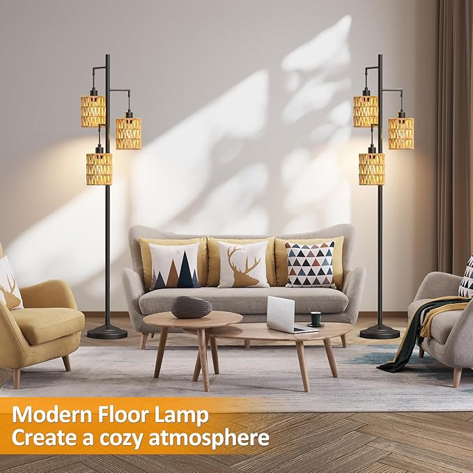 3 Lights Rattan Floor Lamps with ON/Off Foot Switch Tree Standing Lamp with Wood Rattan Lampshades Boho Floor Lamp Tall Pole Lamp for Living Room Bedroom Office, 3 PCS 6W Bulbs Included