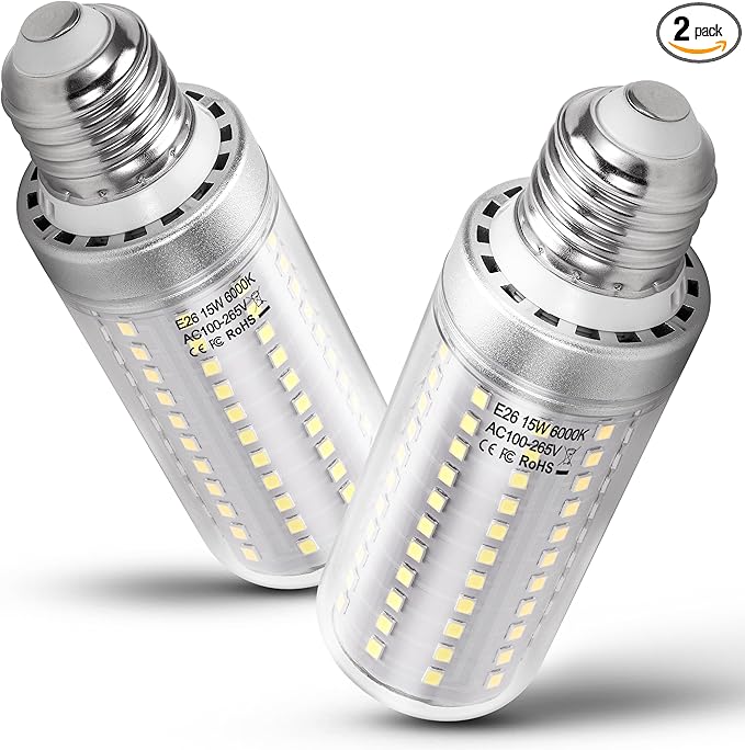 1.57 x 4.92 inch Big E26 LED Bulbs 15W LED Corn Light Bulbs 150 Watt Equivalent 2000 Lumen 6000K Daylight White for Outdoor Home attic Corridor Garage Warehouse Candelabra Ceiling Fan LED Bulbs,2Pack