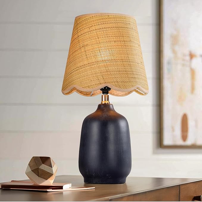19" Boho Ceramic Table Lamp, Handmade Ceramic Base with Rattan Shade, Farmhouse Plug-in Bedside Nightstand Lamps for Bedroom, Living Room, E26 Socket, Black