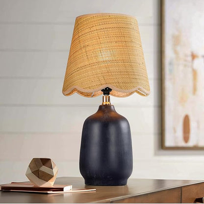 19" Boho Ceramic Table Lamp, Handmade Ceramic Base with Rattan Shade, Farmhouse Plug-in Bedside Nightstand Lamps for Bedroom, Living Room, E26 Socket, Black