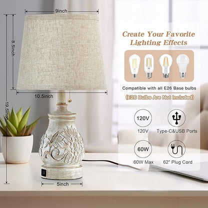 19.5'' Farmhouse Table Lamps for Bedrooms Set of 2 Vintage Bedside Lamps for Nightstand with USB Charging Ports Traditional Rusic Side Table Lamps for Living Room Wooden Carved Floral, Pull Chain