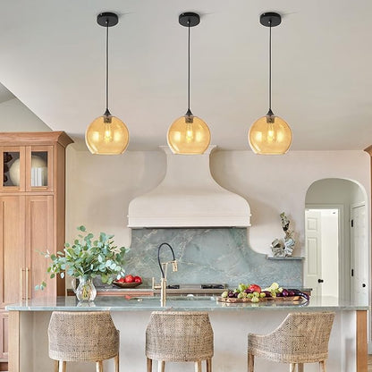 Amber Glass Pendant Lights Kitchen Island Lighting Modern Globe Pendant Light Fixtures Modern Pendant Lights for Kitchen Island Bedroom Living Dining Room Light Fixture-7.8inch
