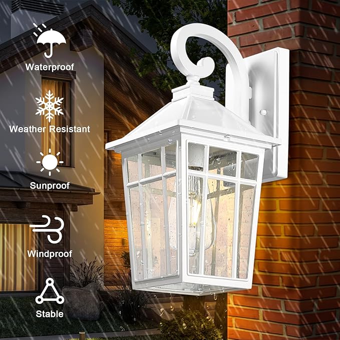 Darkaway Outdoor Wall Lights for House, Exterior Lighting Fixtures Wall Mount Outdoor Porch Lights Waterproof White Outdoor Sconce Lights with Seeded Glass for Patio Hallway Garage