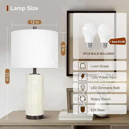 Scenekoy 23” Table Lamp Set of 2 for Bedroom Living Room, Rotary Switch Ceramic Bedside Lamp with White Linen Shade, Dimmable Nightstand Lamps for Room Office Hotel Dorm (Bulb Included)