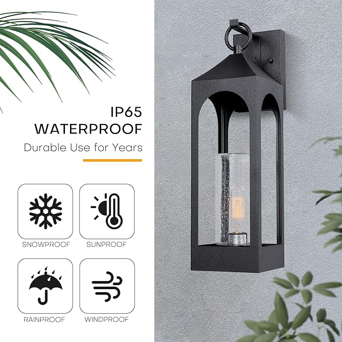 LamQee 20 Inch Dusk to Dawn Outdoor Wall Lights, Large Exterior Lighting Fixtures with Seeded Glass, Textured Black Modern Outdoor Sconces Wall Mount Lantern for House Porch Patio Garage Front Door