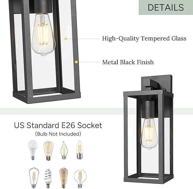 Outdoor Wall Light with Clear Glass, Anti-Rust Exterior Wall Sconce, Weather Resistant Outdoor Lantern, Exterior Lighting for Porch, Patio, Garage, Entryway (Black, 15.5" Height-1 Pack)