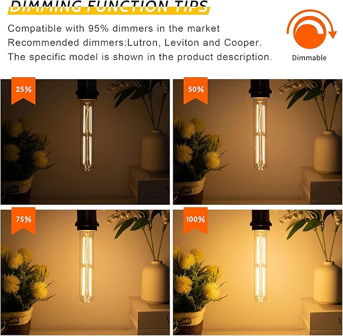 Tubular Light Bulb 7.3 Inch Dimmable T10 LED Bulb E26 6W 60 Watts Edison Bulbs 2700K Solf White,185mm Long for Wall Sconces, Pendant, Livingroom, 4-Pack