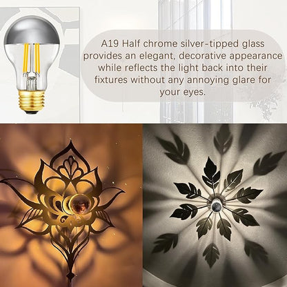 Half Chrome Light Bulb 6W (60 Watt Equivalent), Dimmable A19 Decorative LED Edison Bulb, 4000K Neutral White, E26 Silver Tipped Light Bulb,A60,AC120V, Pack of 4