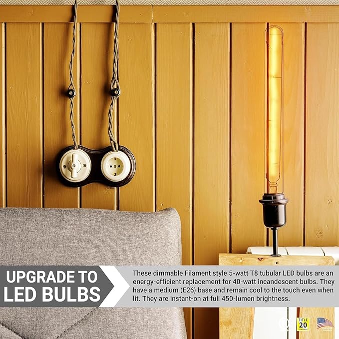 Diodesy- Pack of 5 T8/LED/FS/5W/927 T8 LED Tubular Light Bulb, Long Edison Style Vintage, 5 Watt (40W Equivalent), 2700K Warm White, Dimmable E26 Base for Pendant, Chandeliers, Wall sconces, 450LM, UL