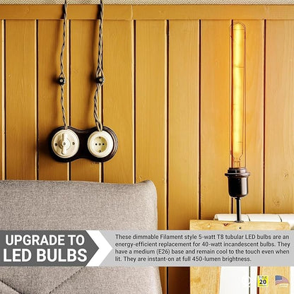 Diodesy- Pack of 5 T8/LED/FS/5W/927 T8 LED Tubular Light Bulb, Long Edison Style Vintage, 5 Watt (40W Equivalent), 2700K Warm White, Dimmable E26 Base for Pendant, Chandeliers, Wall sconces, 450LM, UL