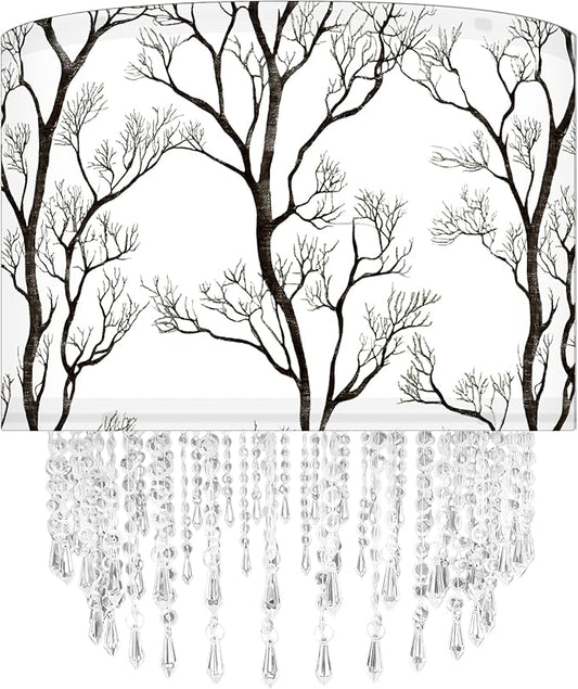 Winter Tree Branch Lamp Shade with Acrylic Bead Droplets, Branch Drum Fabric Light Shade for Pendant Table & Floor Lamp, Traditional Mordern Decor, 15.7in