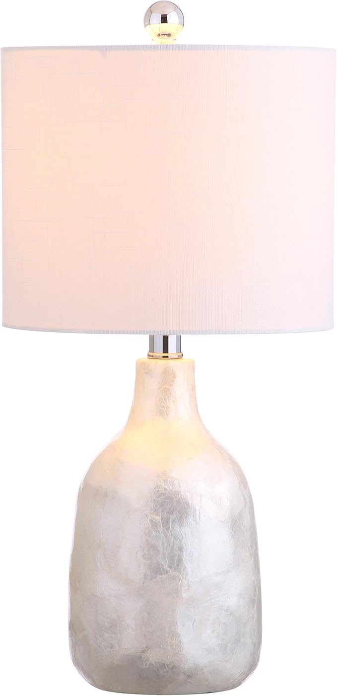 JONATHAN Y JYL4007A 21" Coastal Seashell Table Lamp, Contemporary Pearl White Bedside Lamp for Living Room, Bedroom Nightstand, End Table Desk Lamp with White Linen Drum Shade, LED Bulb Included