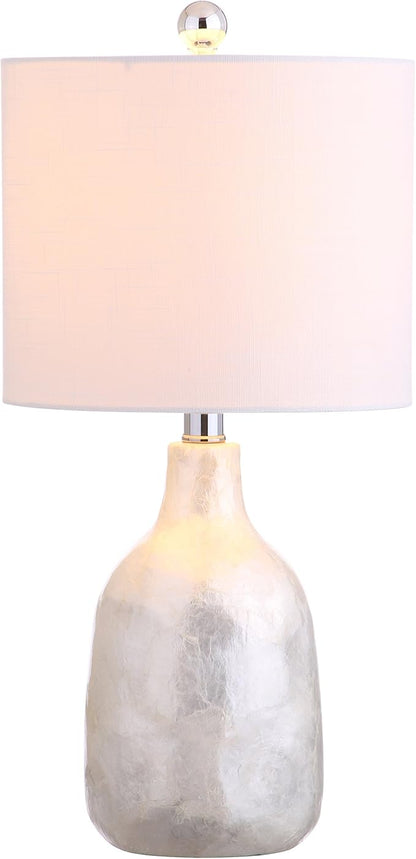 JONATHAN Y JYL4007A 21" Coastal Seashell Table Lamp, Contemporary Pearl White Bedside Lamp for Living Room, Bedroom Nightstand, End Table Desk Lamp with White Linen Drum Shade, LED Bulb Included