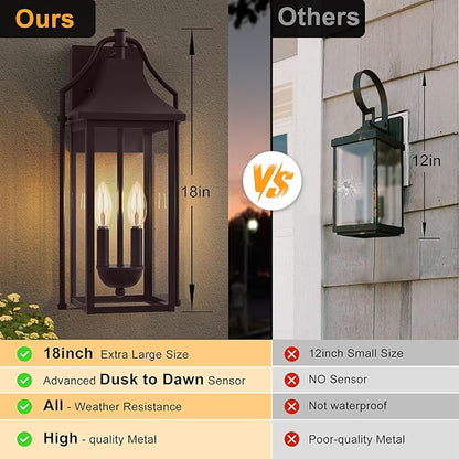 𝟏𝟖𝑰𝑵 Outdoor Wall Sconce Fixtures, Dusk to Dawn Patio Lights Waterproof Exterior Lanterns, 2-Light Modern Wall Light Mounted with Glass, Oil Rubbed Bronze Outside Lights for House Front Door Decor