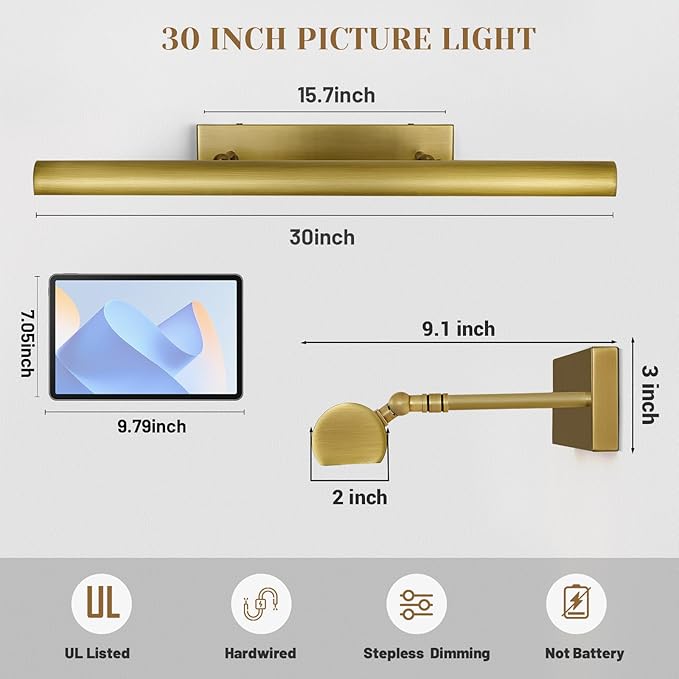 Brass Picture Lights for Wall, 30" Linear Picture Light Hardwired, 4-Light Brush Gold Art Light, Dimmable Gallery Light for Paintings, Warm White 270° Picture Frame Lights for Bathroom, Living Room