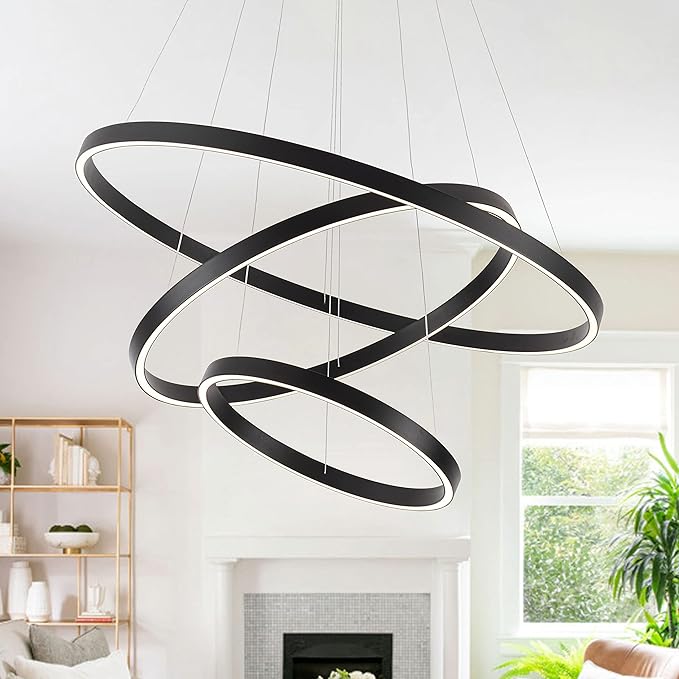 Elegant 3-Rings Black Modern LED Chandelier – Fully Dimmable High Ceiling Pendant Light for Dining Room, Living Room, Foyer & Staircase (Warm White 3000K, Adjustable Size 15.7"-31.4")