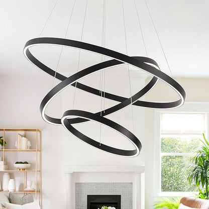 Elegant 3-Rings Black Modern LED Chandelier – Fully Dimmable High Ceiling Pendant Light for Dining Room, Living Room, Foyer & Staircase (Warm White 3000K, Adjustable Size 15.7"-31.4")