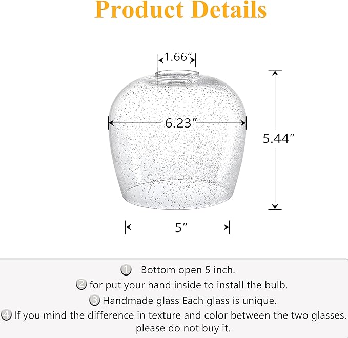 3 Pack 6.1 Inch Clear Seeded Glass Lamp Shade Pendant Ceiling Chandelier Wall Sconce Light Replacement Oval Glass Shade Fixture Over Sink Kitchen Island